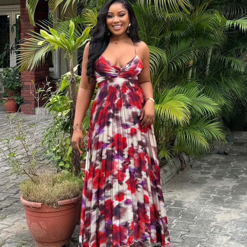 Women Printed Pleated Suspender Long Skirt