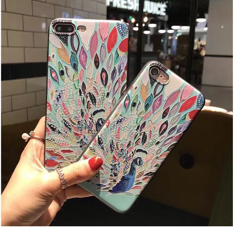Compatible with Apple , Embossed Cartoon Peacock Mobile Shell Soft Cover