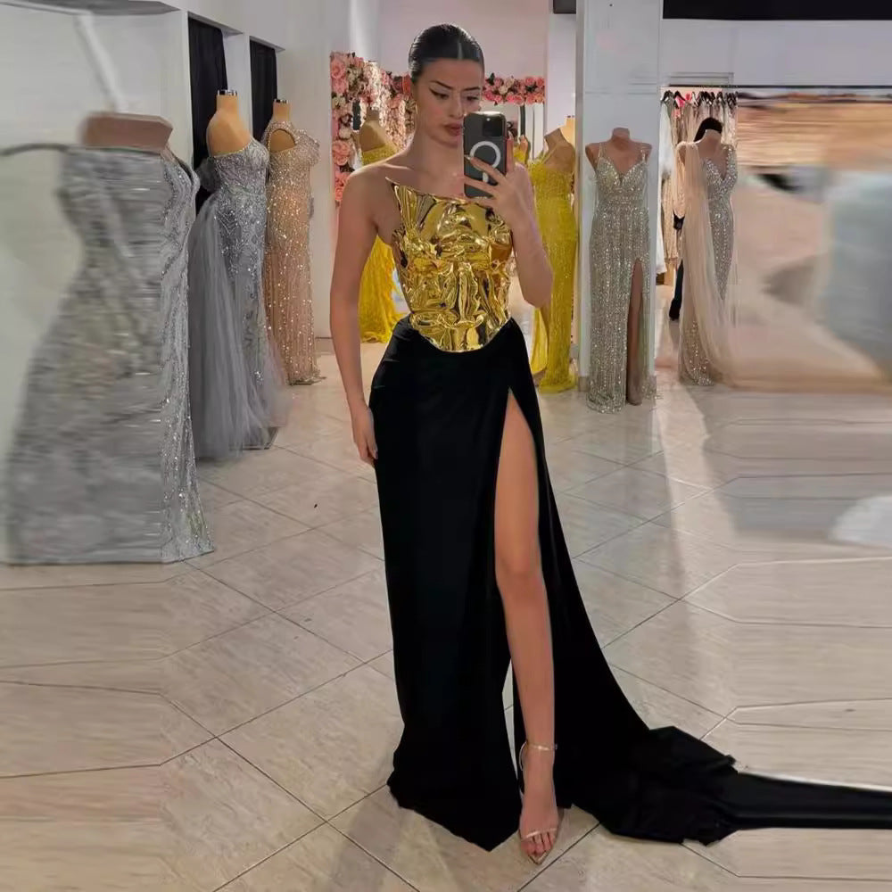 women One-shoulder Leather Top Slit Mop Black Dress Two-piece Set Sexy Lacing Backless Light Dress