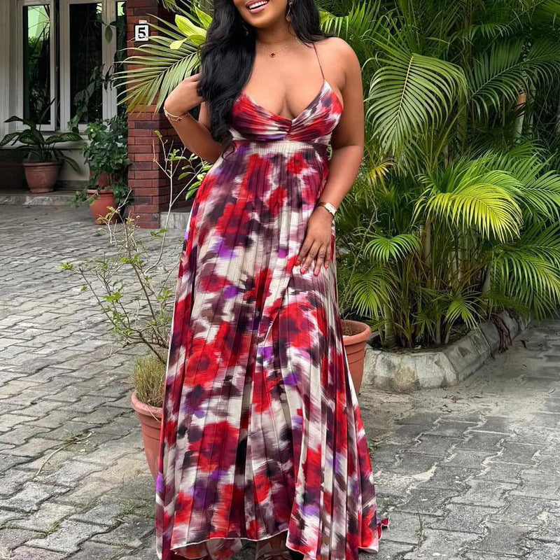 Women Printed Pleated Suspender Long Skirt