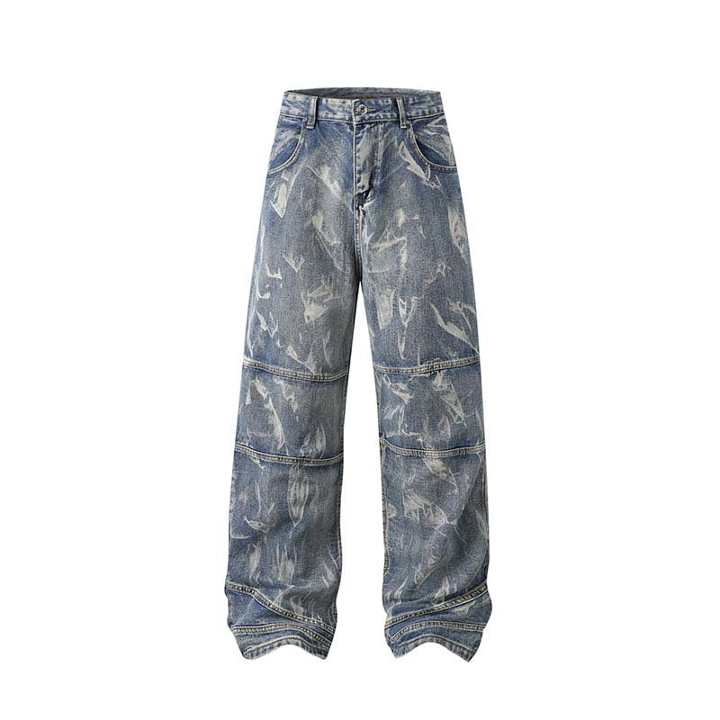 Street Fashion Hip Hop Inkjet Washed Distressed Stitching Straight Jeans for men