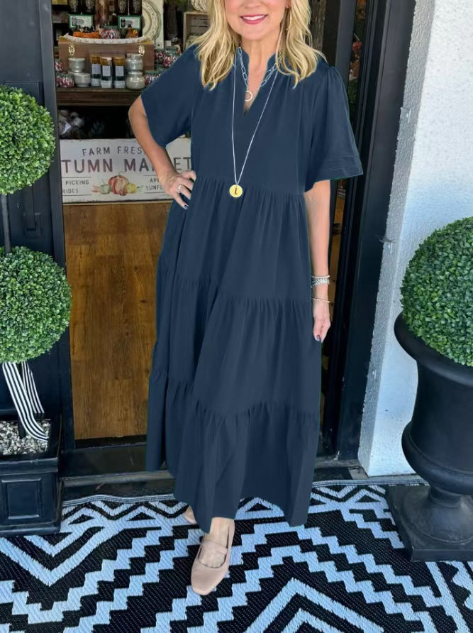 Women Loose Casual Summer V-neck Mid-length Dress