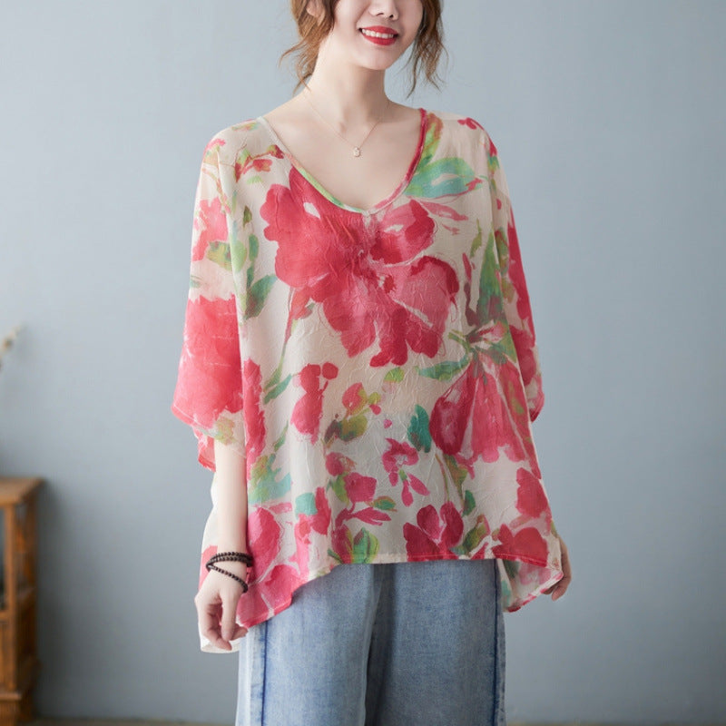 Retro Large Flower Loose Plus Size Fat Short Sleeve T-shirt