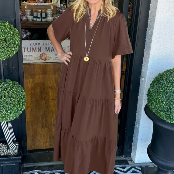 Women Loose Casual Summer V-neck Mid-length Dress