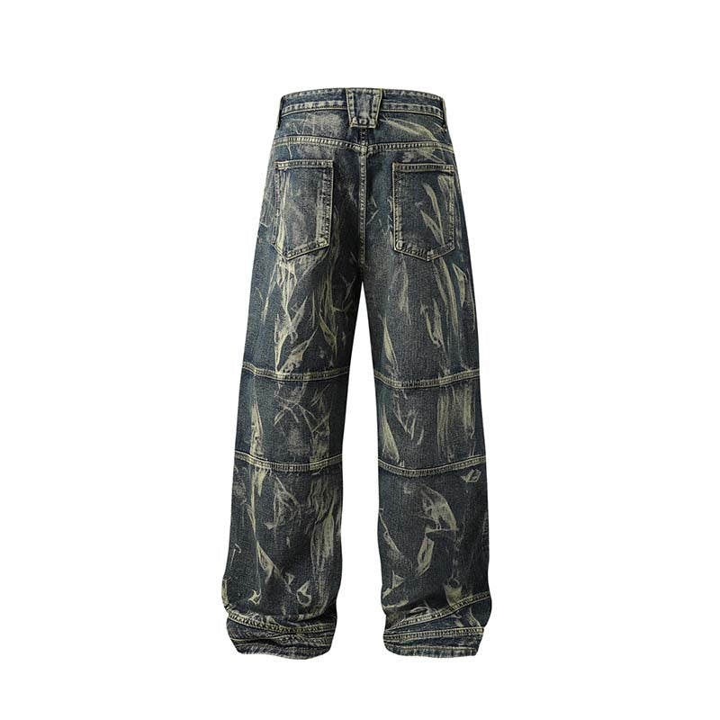Street Fashion Hip Hop Inkjet Washed Distressed Stitching Straight Jeans for men