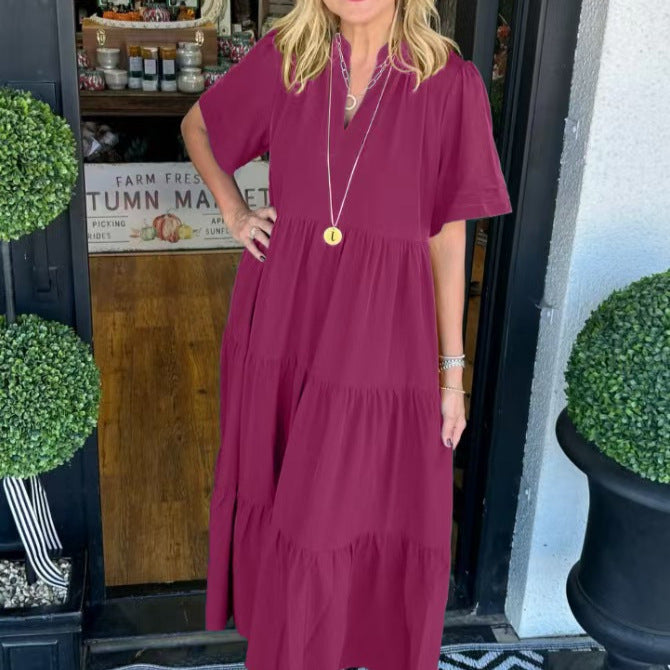 Women Loose Casual Summer V-neck Mid-length Dress