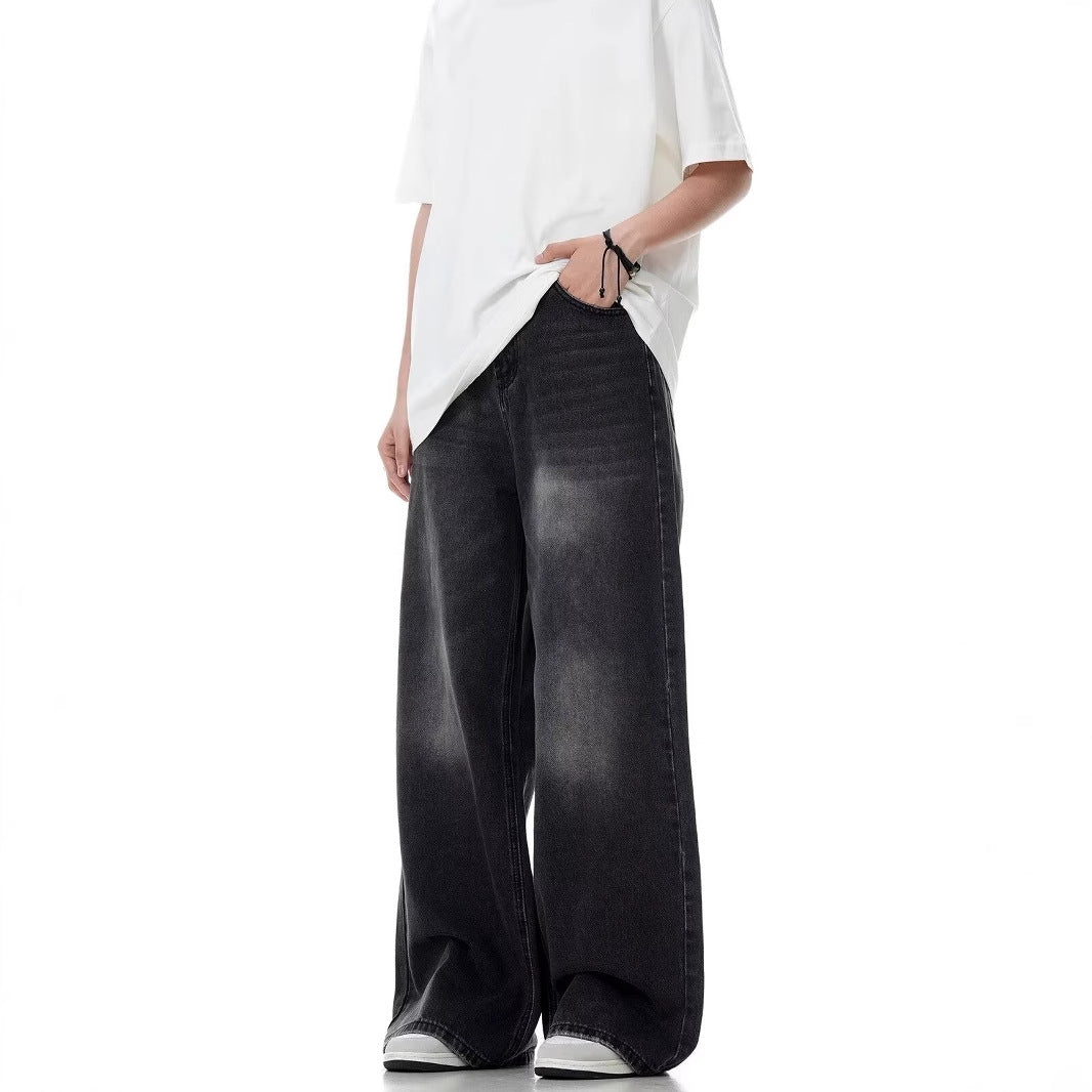 Washed Distressed Straight Loose Retro Black Jeans for men