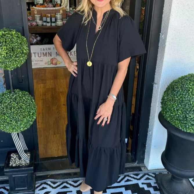 Women Loose Casual Summer V-neck Mid-length Dress