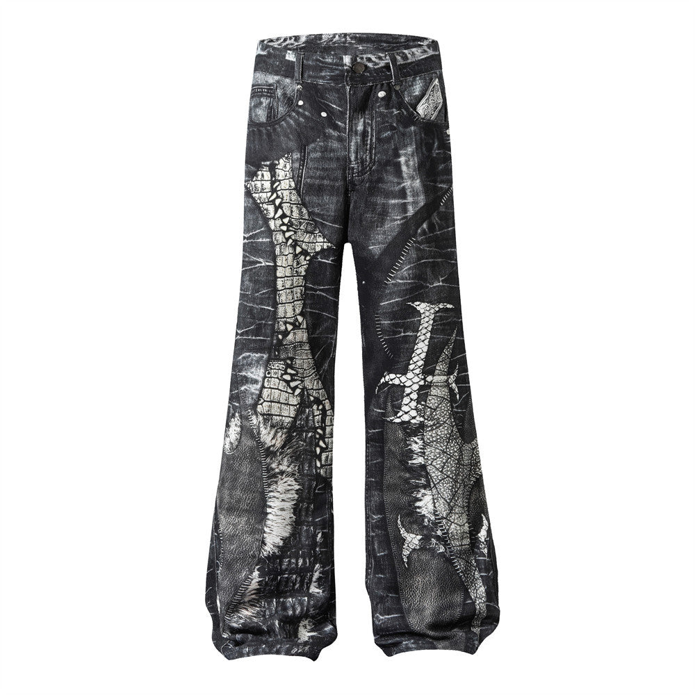 Men's Dark Digital Printing Wash Horn Jeans