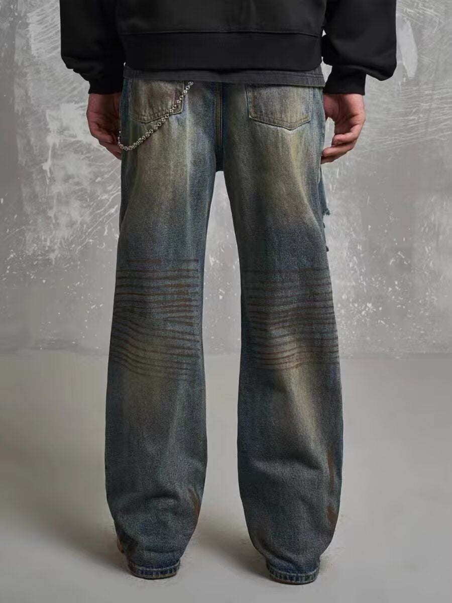 Loose Straight Slim-fit Waste Soil Blue with Holes Jeans for men