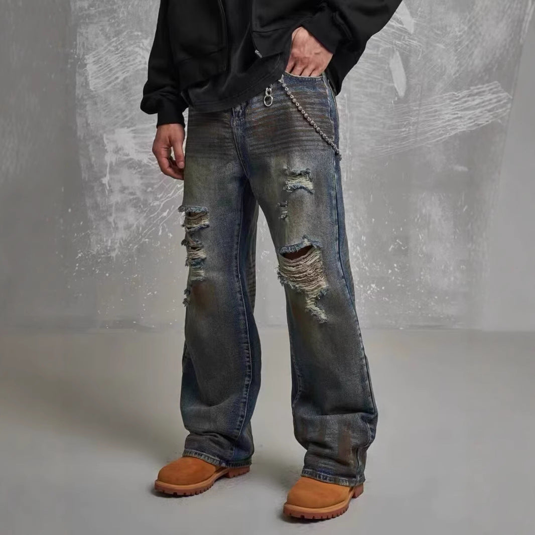 Loose Straight Slim-fit Waste Soil Blue with Holes Jeans for men