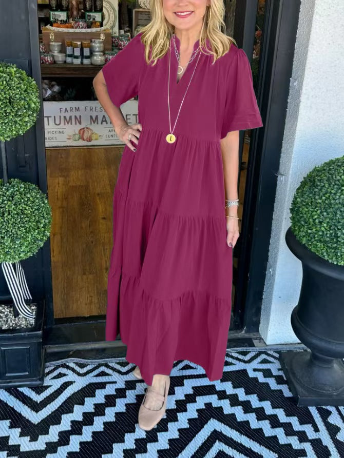 Women Loose Casual Summer V-neck Mid-length Dress
