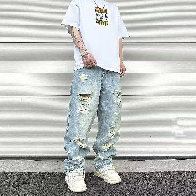 Water Washed Hole Retro Street Wide Leg Jeans for men