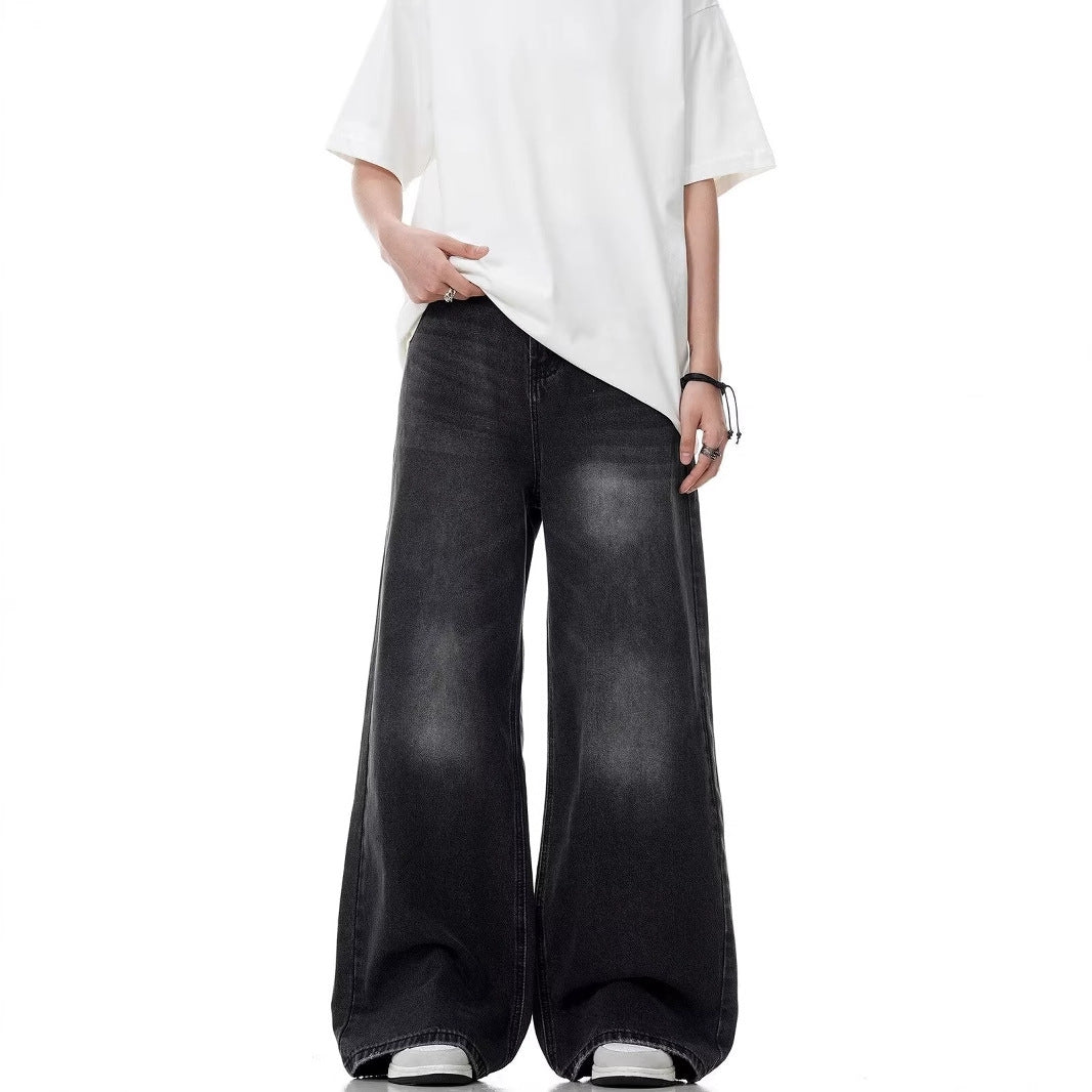 Washed Distressed Straight Loose Retro Black Jeans for men