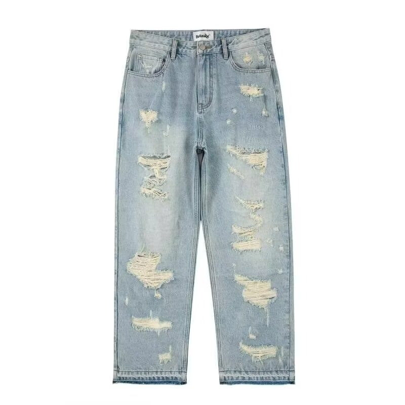 Water Washed Hole Retro Street Wide Leg Jeans for men