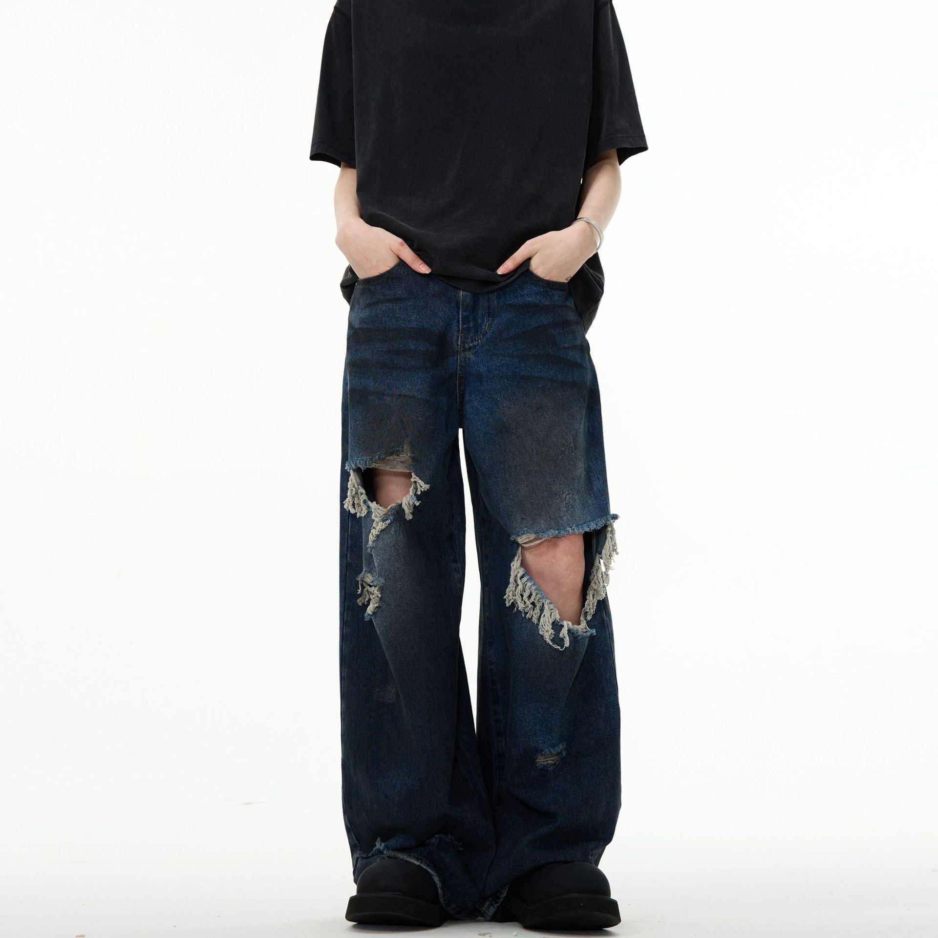 Couple Hole Worn Jeans Wide-leg Pants for men