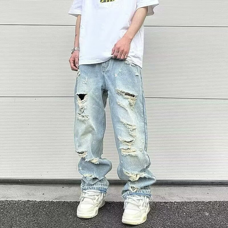 Water Washed Hole Retro Street Wide Leg Jeans for men