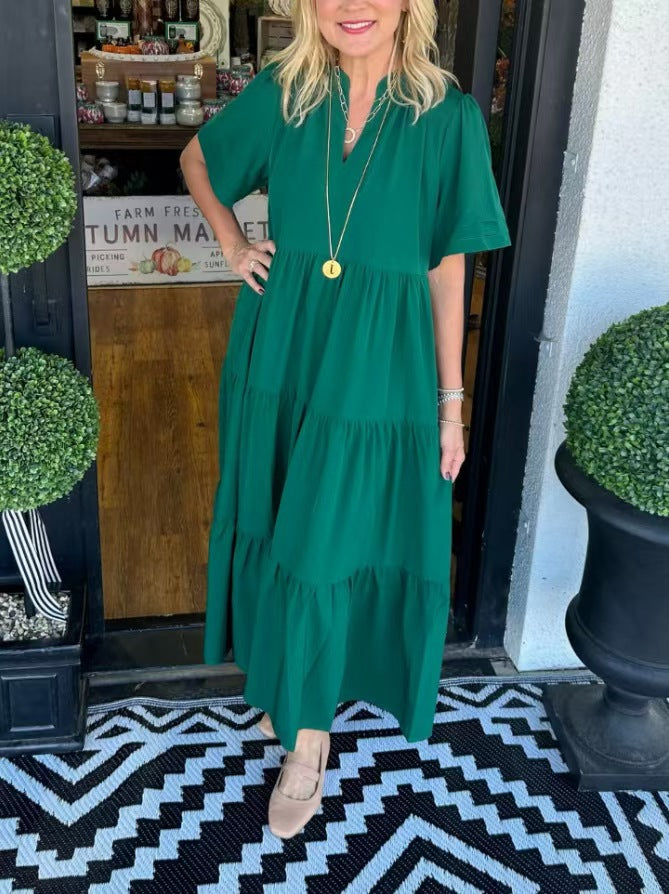 Women Loose Casual Summer V-neck Mid-length Dress