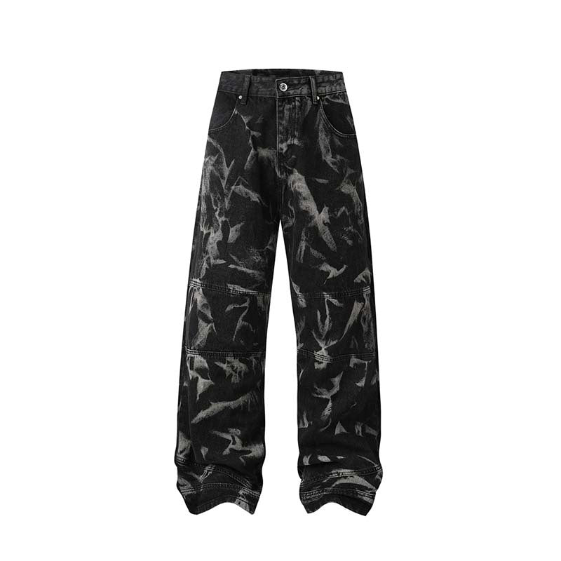 Street Fashion Hip Hop Inkjet Washed Distressed Stitching Straight Jeans for men