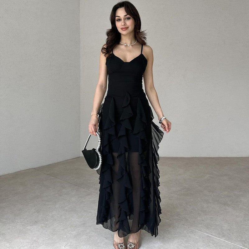 Summer New Pure Desire Style Fashion Ruffles Slim Fit Patchwork Suspender Skirt