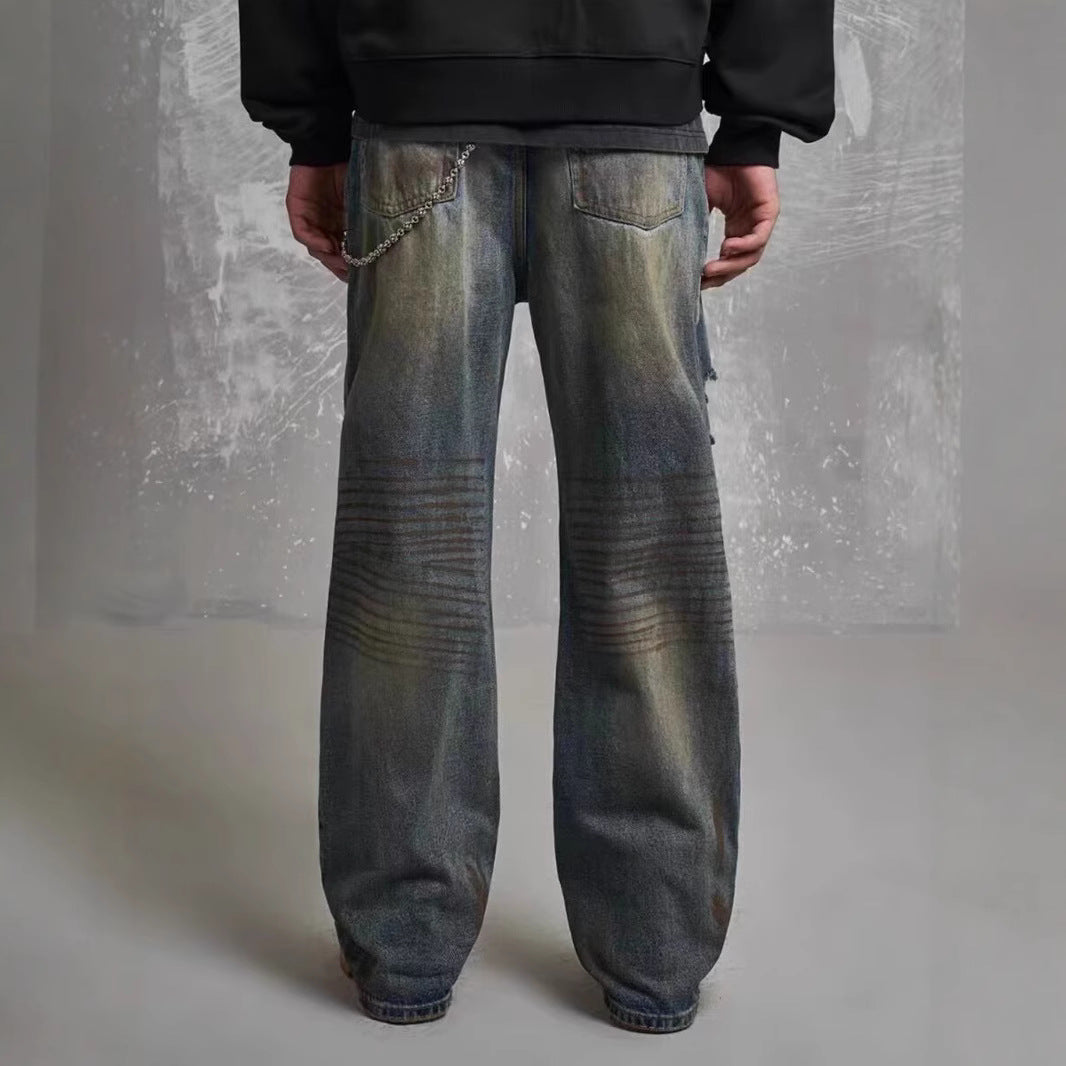Loose Straight Slim-fit Waste Soil Blue with Holes Jeans for men