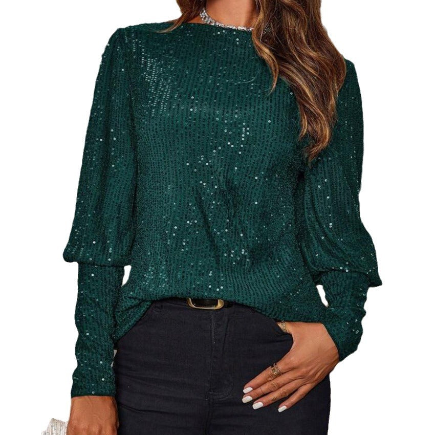 Loose Long Sleeve Sequined Round-neck Shirt Top