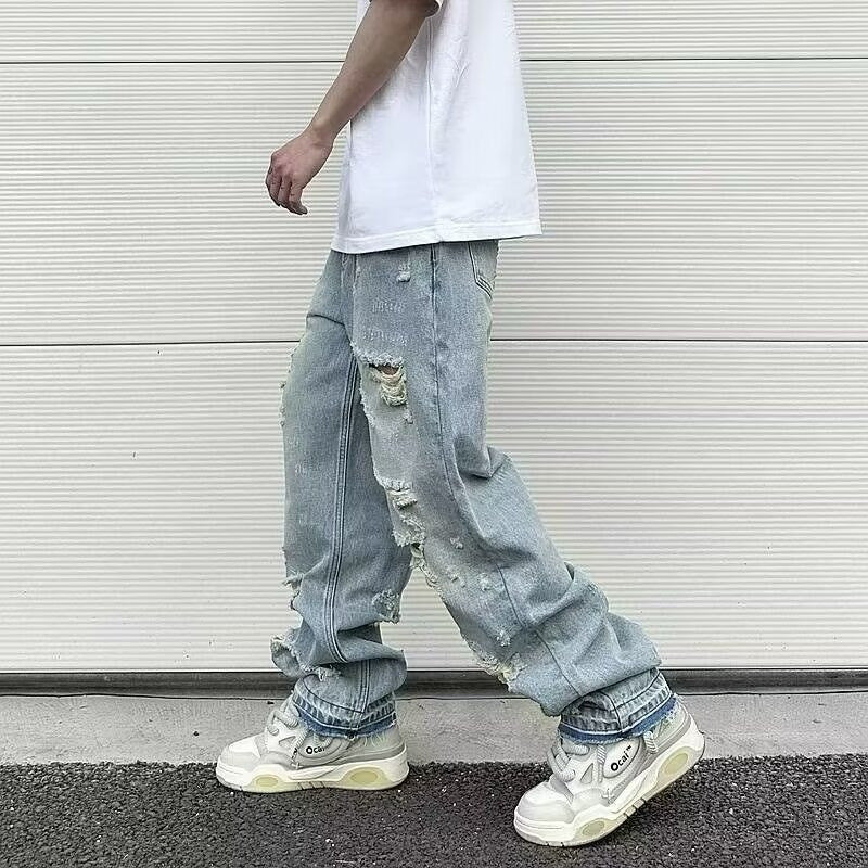 Water Washed Hole Retro Street Wide Leg Jeans for men