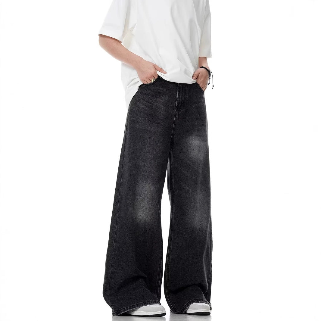 Washed Distressed Straight Loose Retro Black Jeans for men
