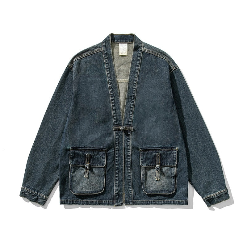 Japanese Style Vintage Denim Jacket Buckle New Chinese Style
