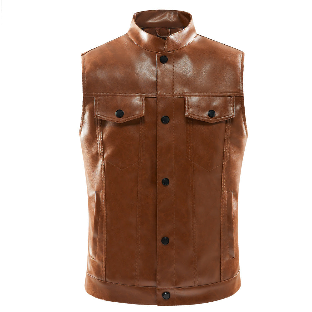Men's Casual Multi-Pocket Stand Collar Vest Coat in leather