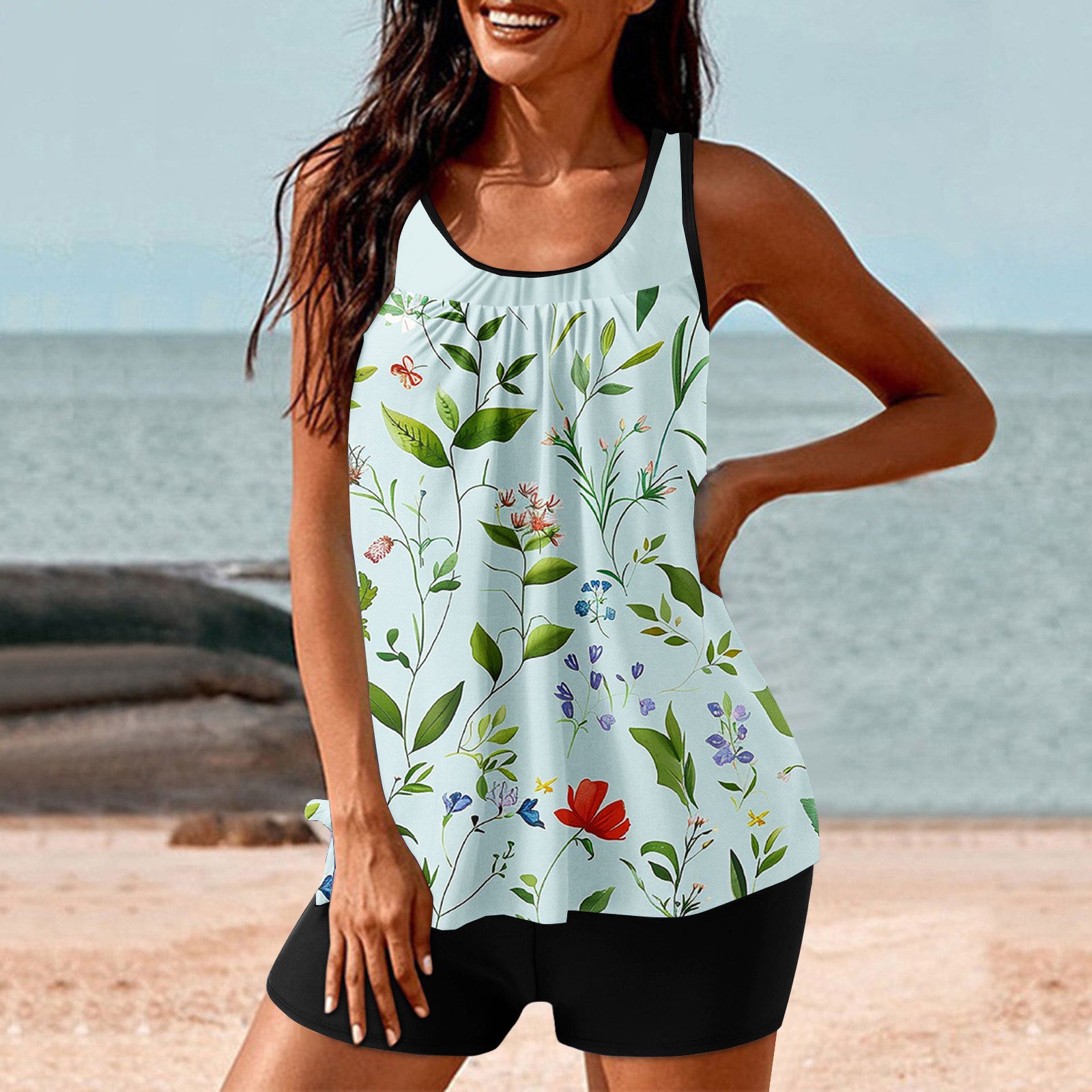 Women's Digital Printed Turtleneck Push Up Pleating Top