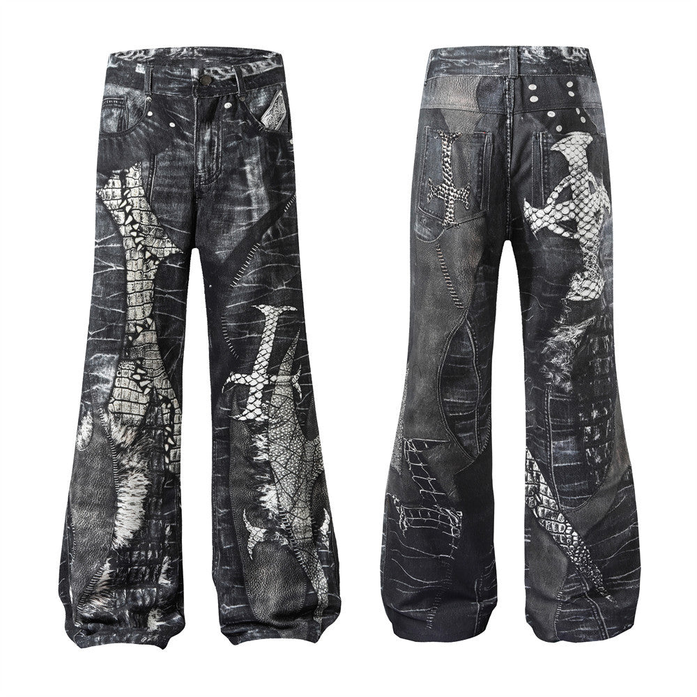 Men's Dark Digital Printing Wash Horn Jeans