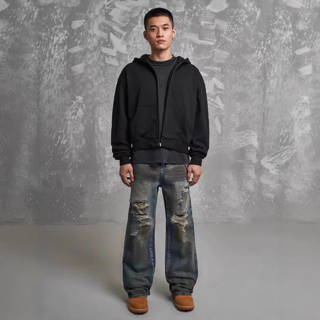 Loose Straight Slim-fit Waste Soil Blue with Holes Jeans for men