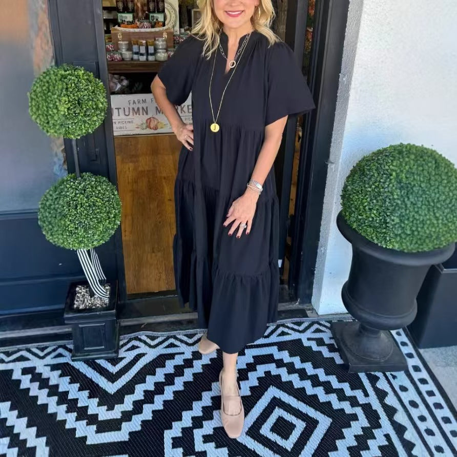 Women Loose Casual Summer V-neck Mid-length Dress