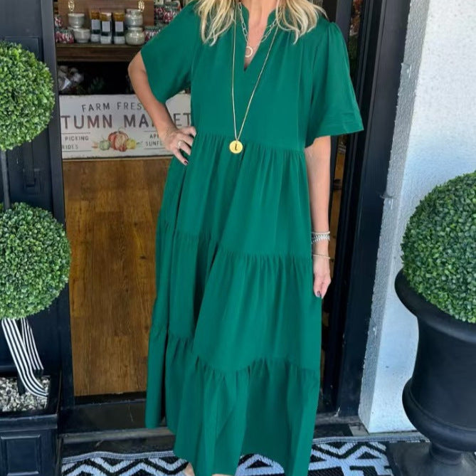 Women Loose Casual Summer V-neck Mid-length Dress