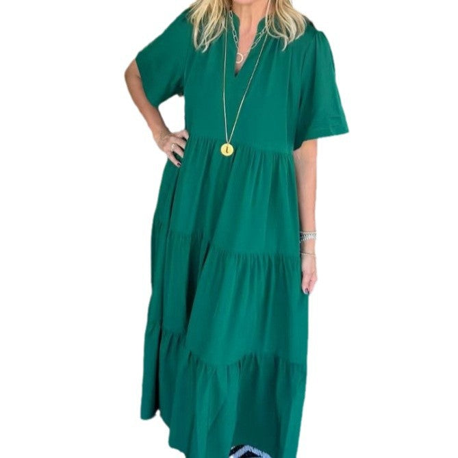Women Loose Casual Summer V-neck Mid-length Dress
