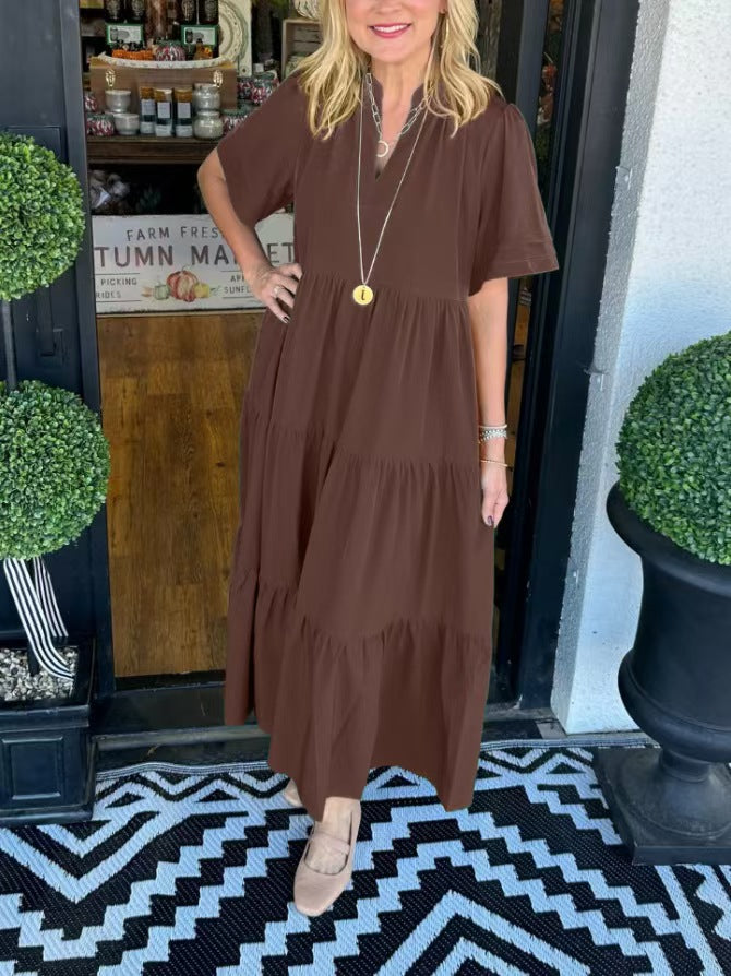 Women Loose Casual Summer V-neck Mid-length Dress