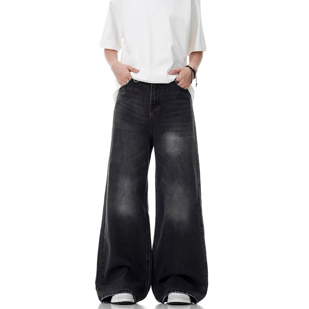 Washed Distressed Straight Loose Retro Black Jeans for men