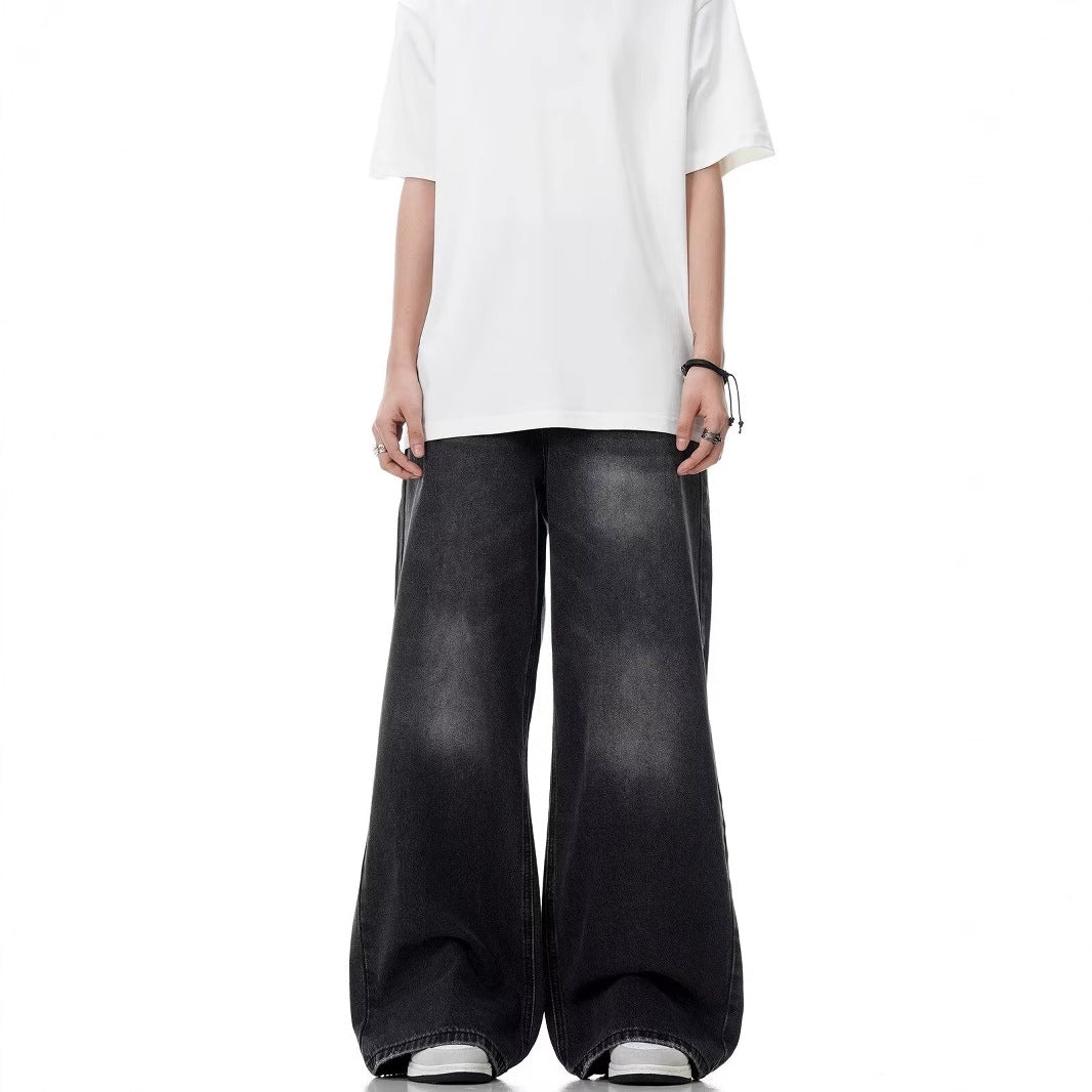 Washed Distressed Straight Loose Retro Black Jeans for men