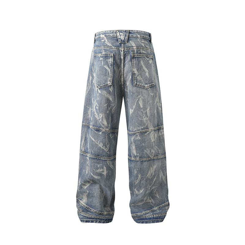 Street Fashion Hip Hop Inkjet Washed Distressed Stitching Straight Jeans for men