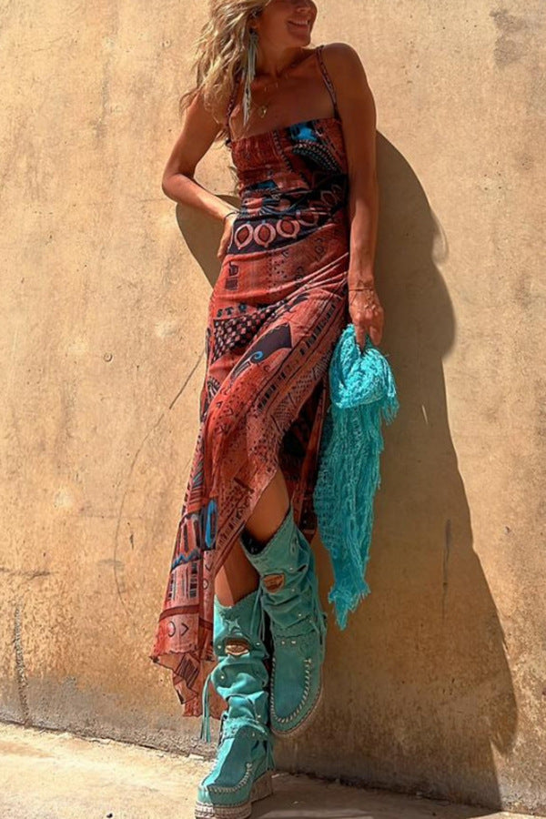 Sleeveless Printed Stretch Split Straps Tulle Dress