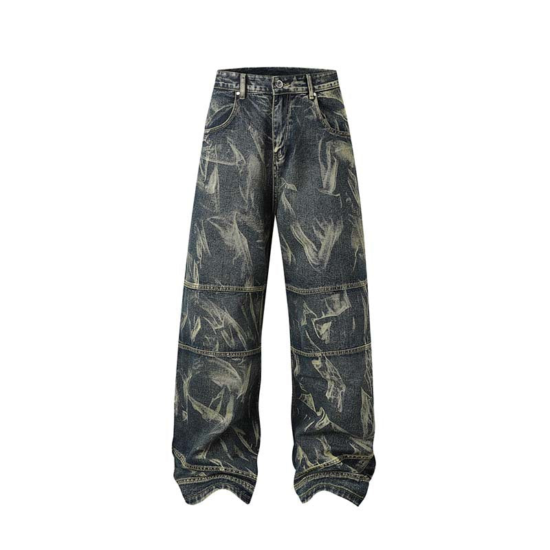 Street Fashion Hip Hop Inkjet Washed Distressed Stitching Straight Jeans for men