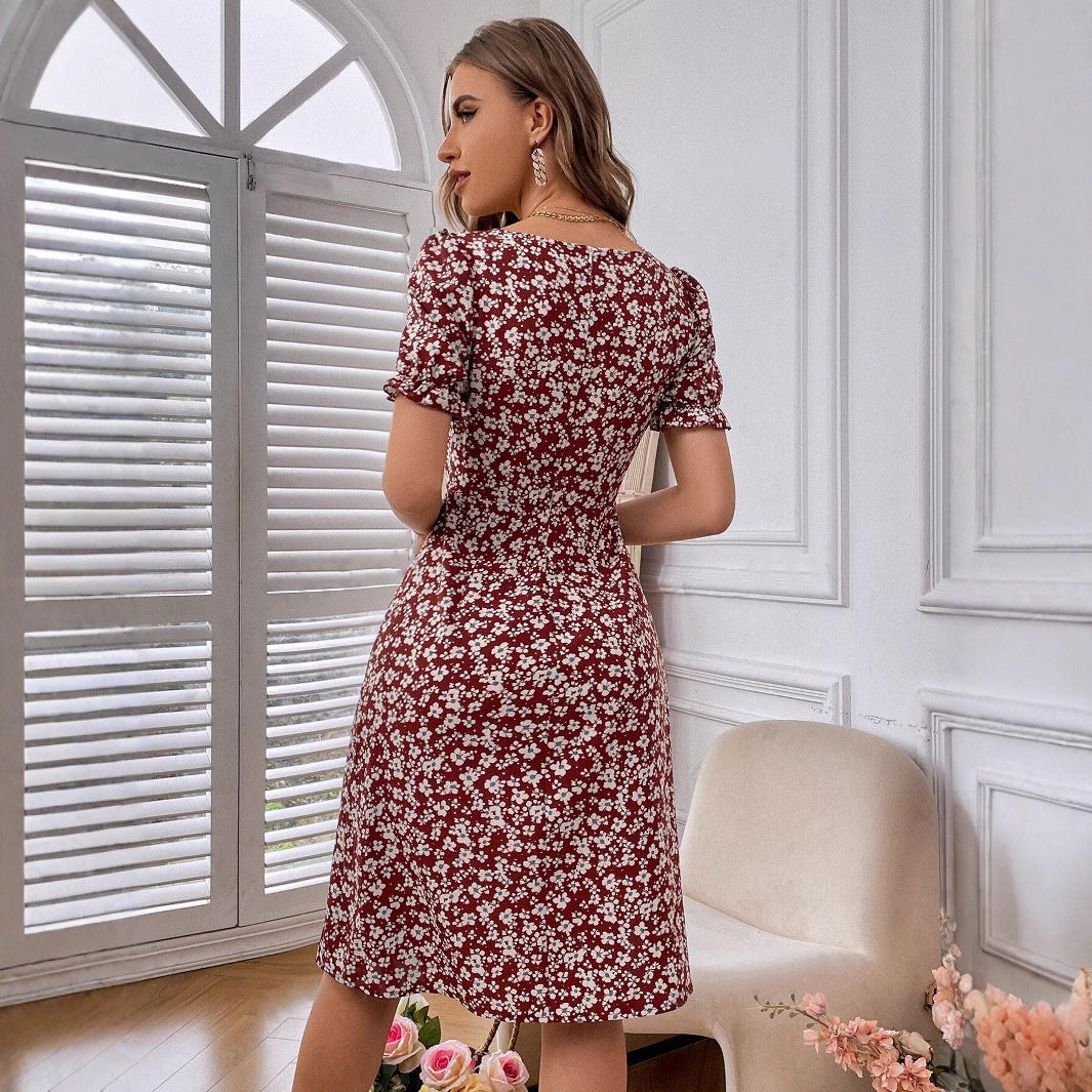 Summer Slit Square Collar Petal Sleeve Floral Dress