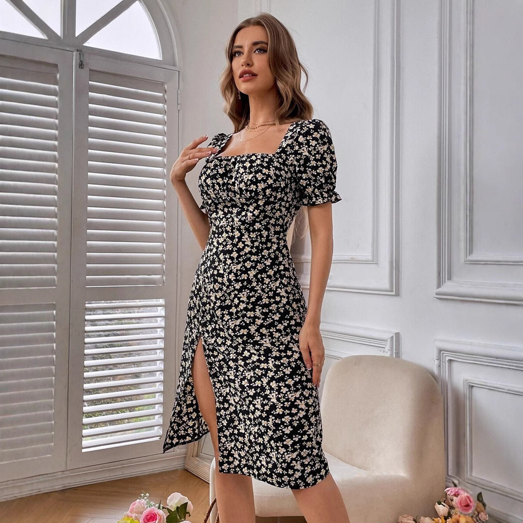 Summer Slit Square Collar Petal Sleeve Floral Dress