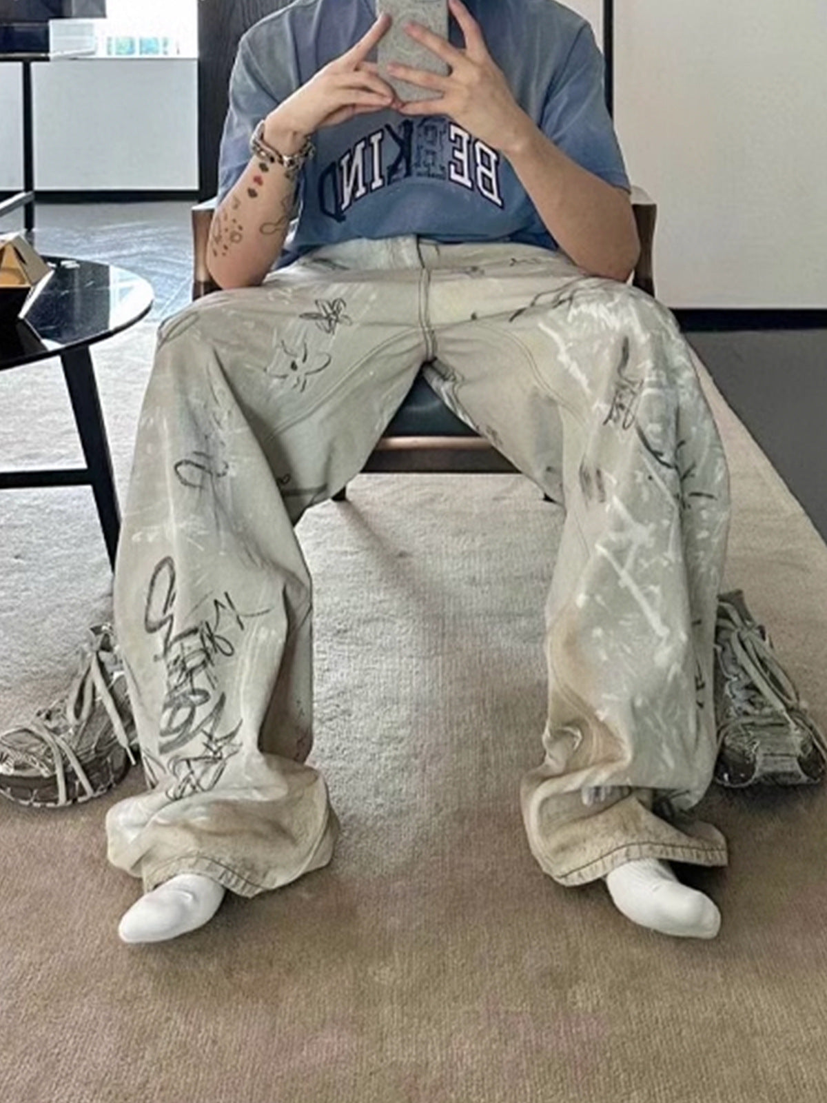 Men's And Women's White Straight Washed Jeans