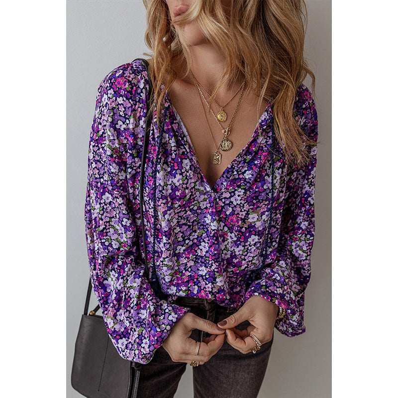 European And American Fashion Flower Printed V-neck Pullover Chiffon Shirt Women