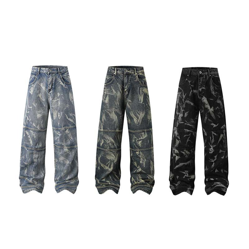 Street Fashion Hip Hop Inkjet Washed Distressed Stitching Straight Jeans for men