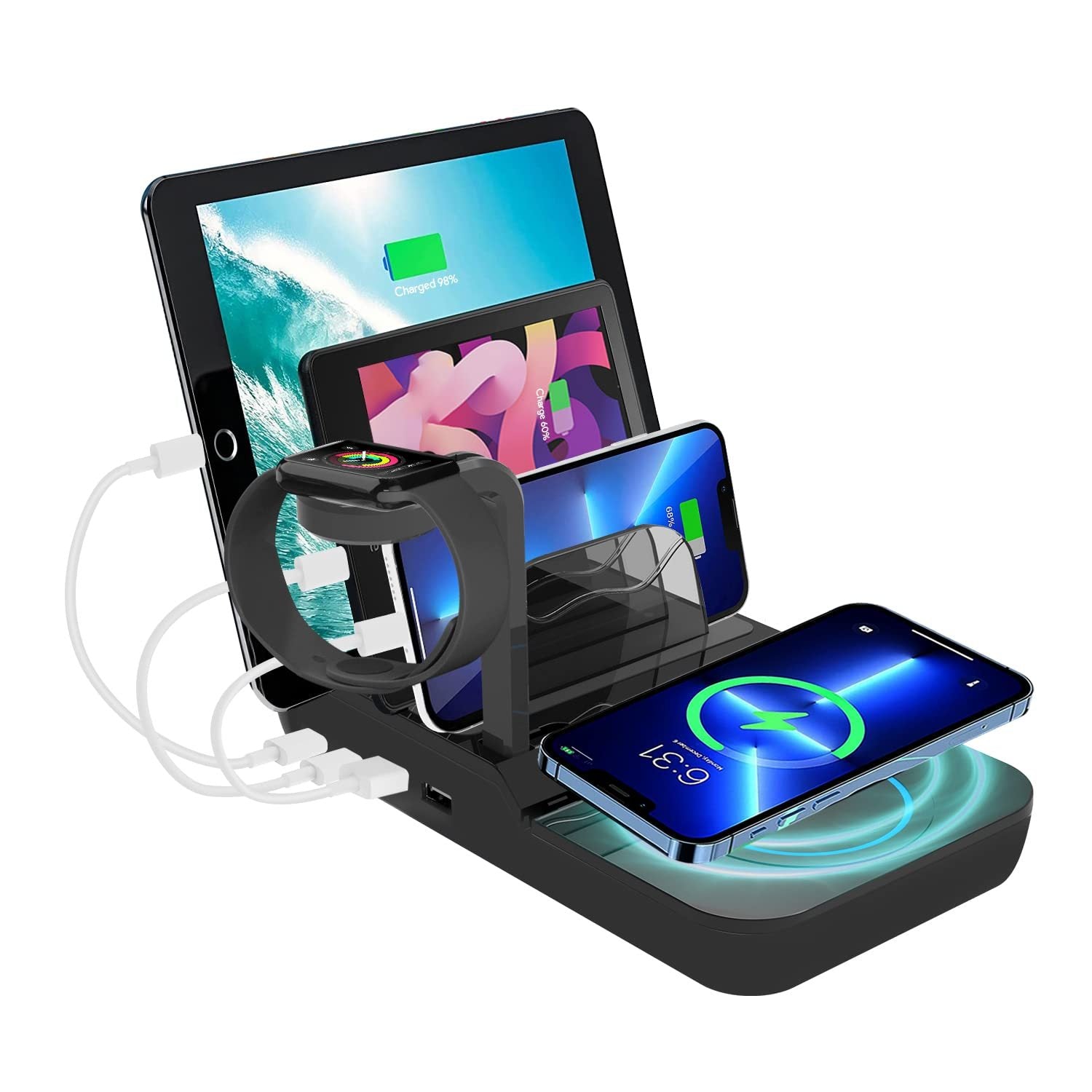 5 In 1 Fast Charging Dock With 10W Max Wireless Charger And 4 Ports,70W Charging Station for Multiple Devices, 30W USB C PD Fast Charging for iPad, IPhone,Tablets,Kindle