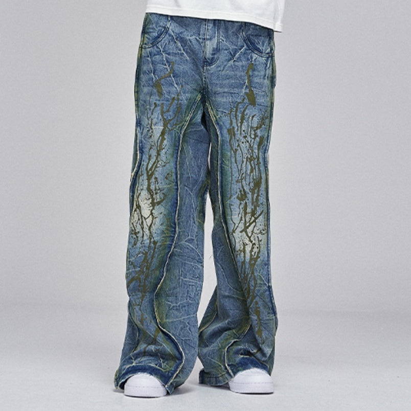 American Street Dirty fit Heavy Industry Washed Distressed Wide Leg Jeans Design Sense for men
