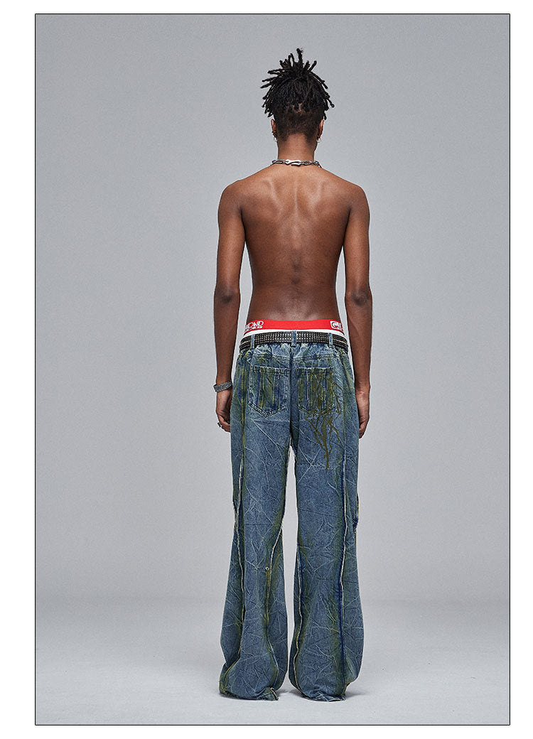 American Street Dirty fit Heavy Industry Washed Distressed Wide Leg Jeans Design Sense for men